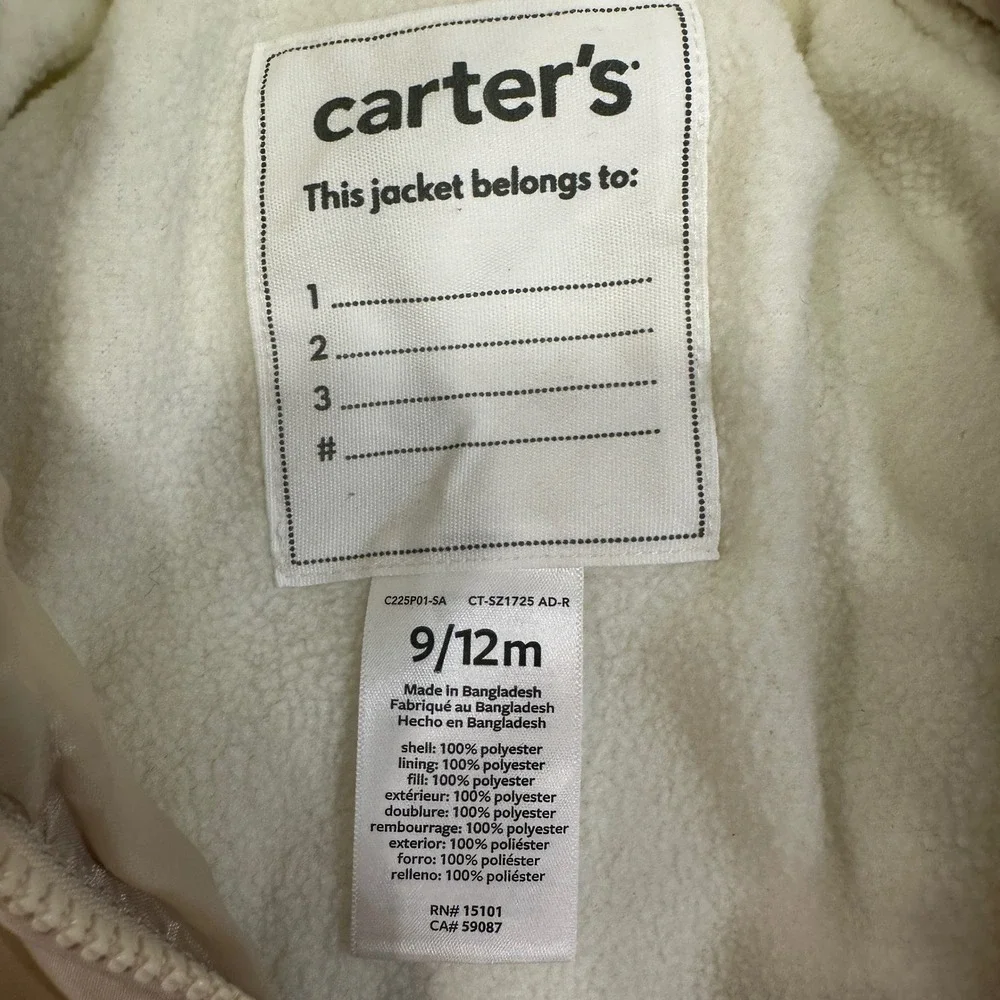 Carter's Hooded Puffer Pram Suit Unisex‎ 9-12M Tan Fleece Lined | Winterwear